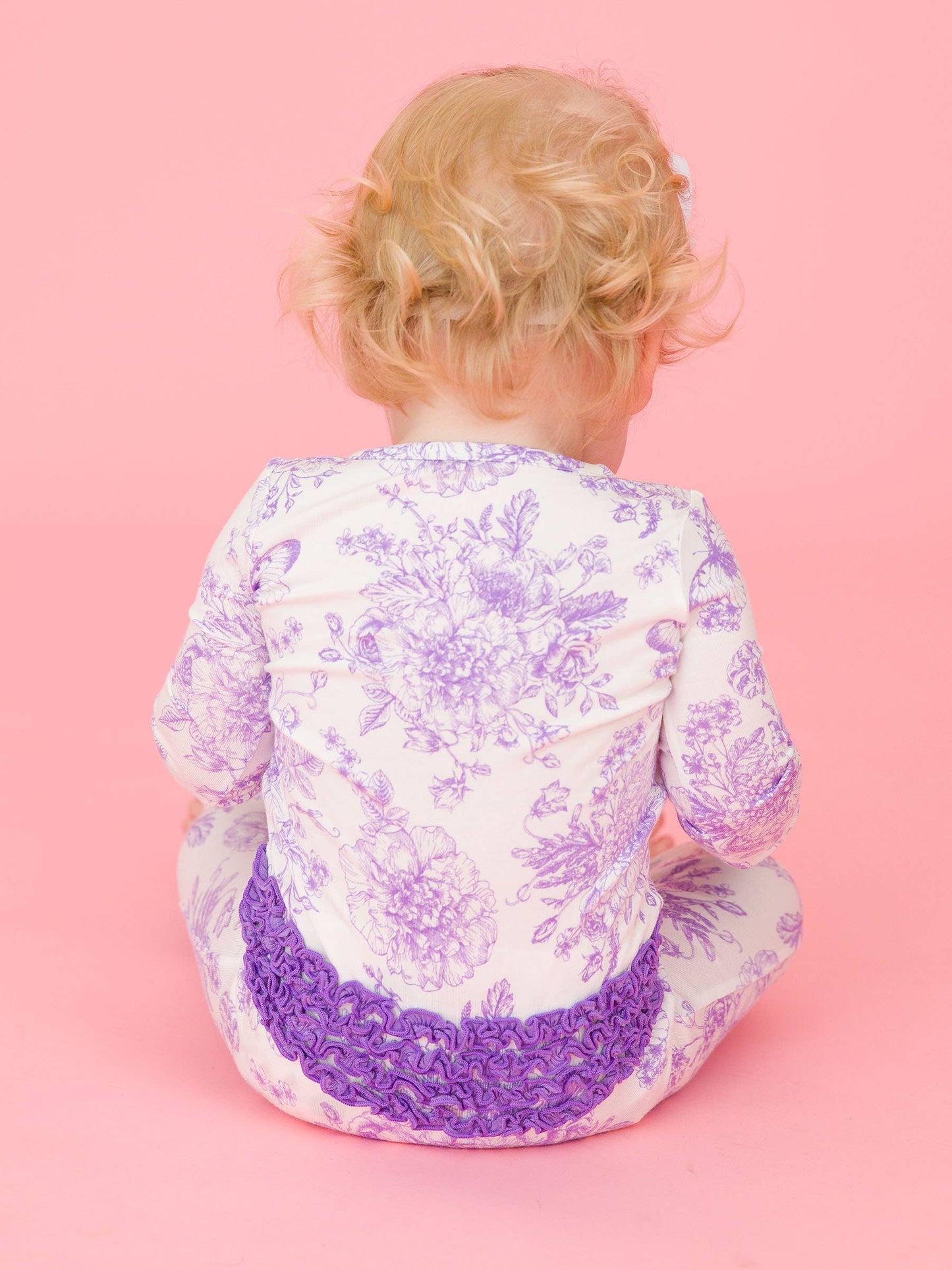 RuffleButts + RuggedButts - SoftSnooze™ Baby Girls Bamboo Viscose Wisteria Purple Butterfly Garden Toile Convertible Ruffle One Piece Footie Pajama
