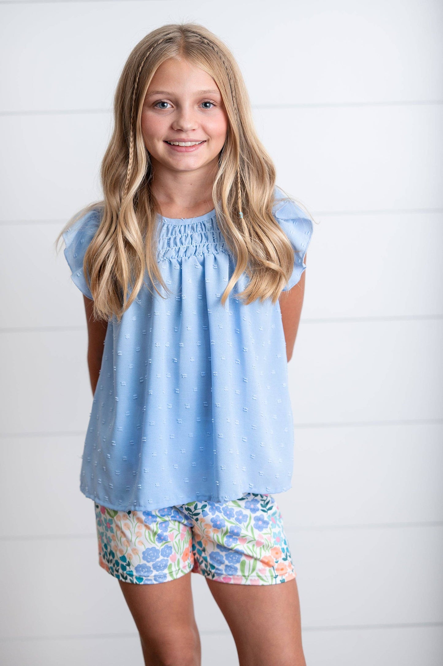 Adorable Sweetness - Girls Periwinkle Floral Spring Summer Ruffle Short Set