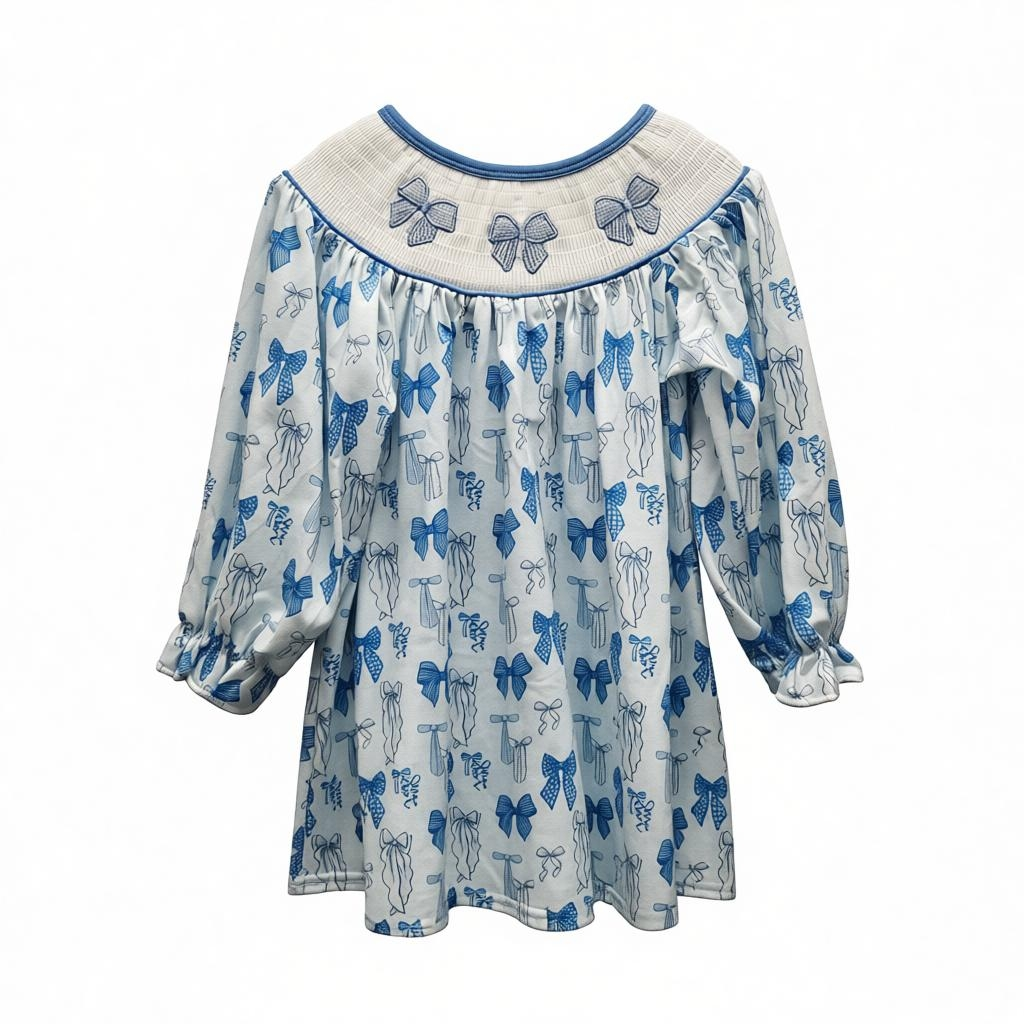 Abby & Evie Blue Bow Smocked Dress