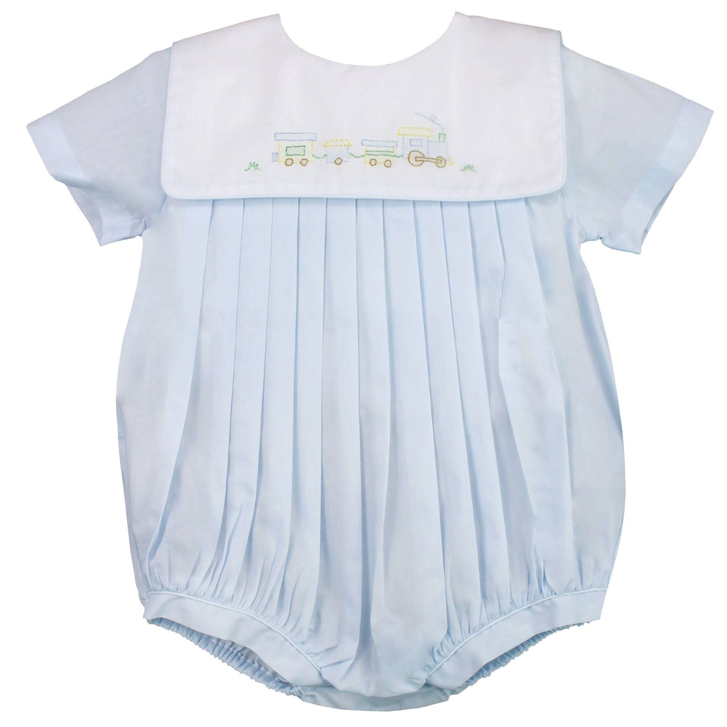 Romper with Train Embroidery in Blue: 6 Month
