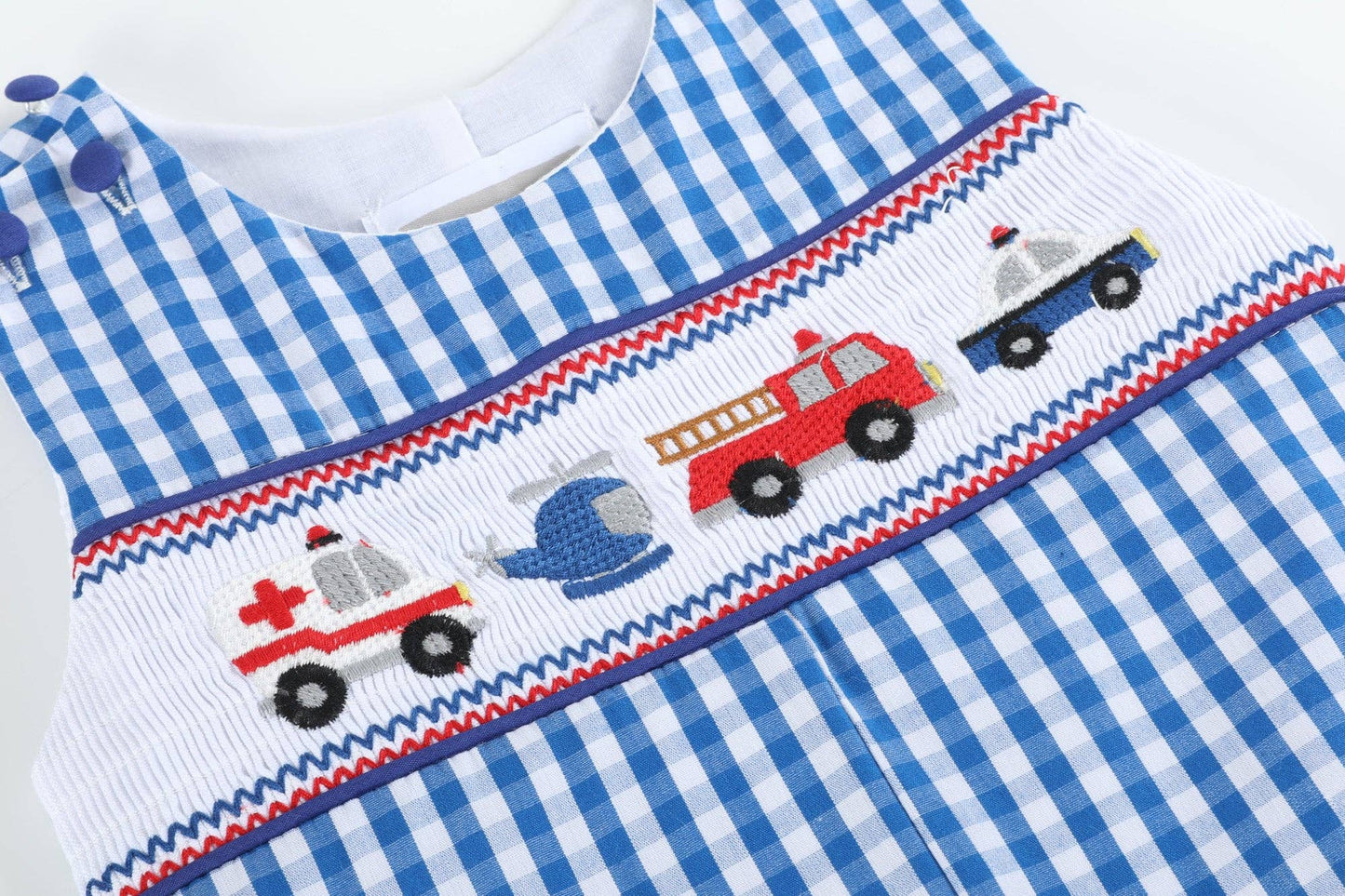 Dark Blue Gingham Emergency Vehicle Smocked Overalls: 18-24M