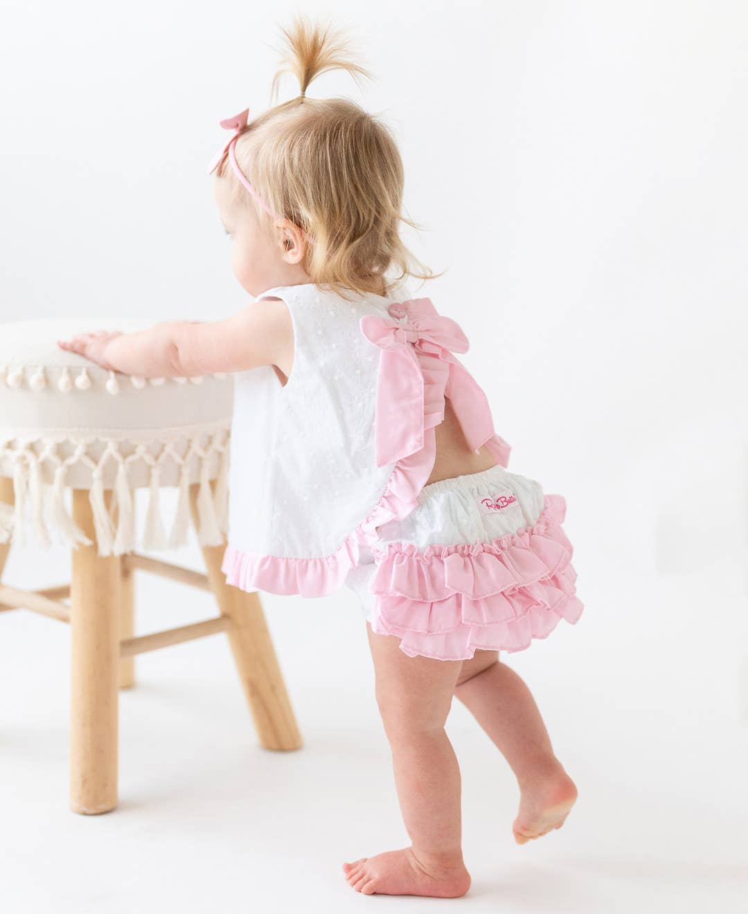 RuffleButts + RuggedButts - Baby Girls White & Pink Swiss Dot Swing Top & Bloomer Set