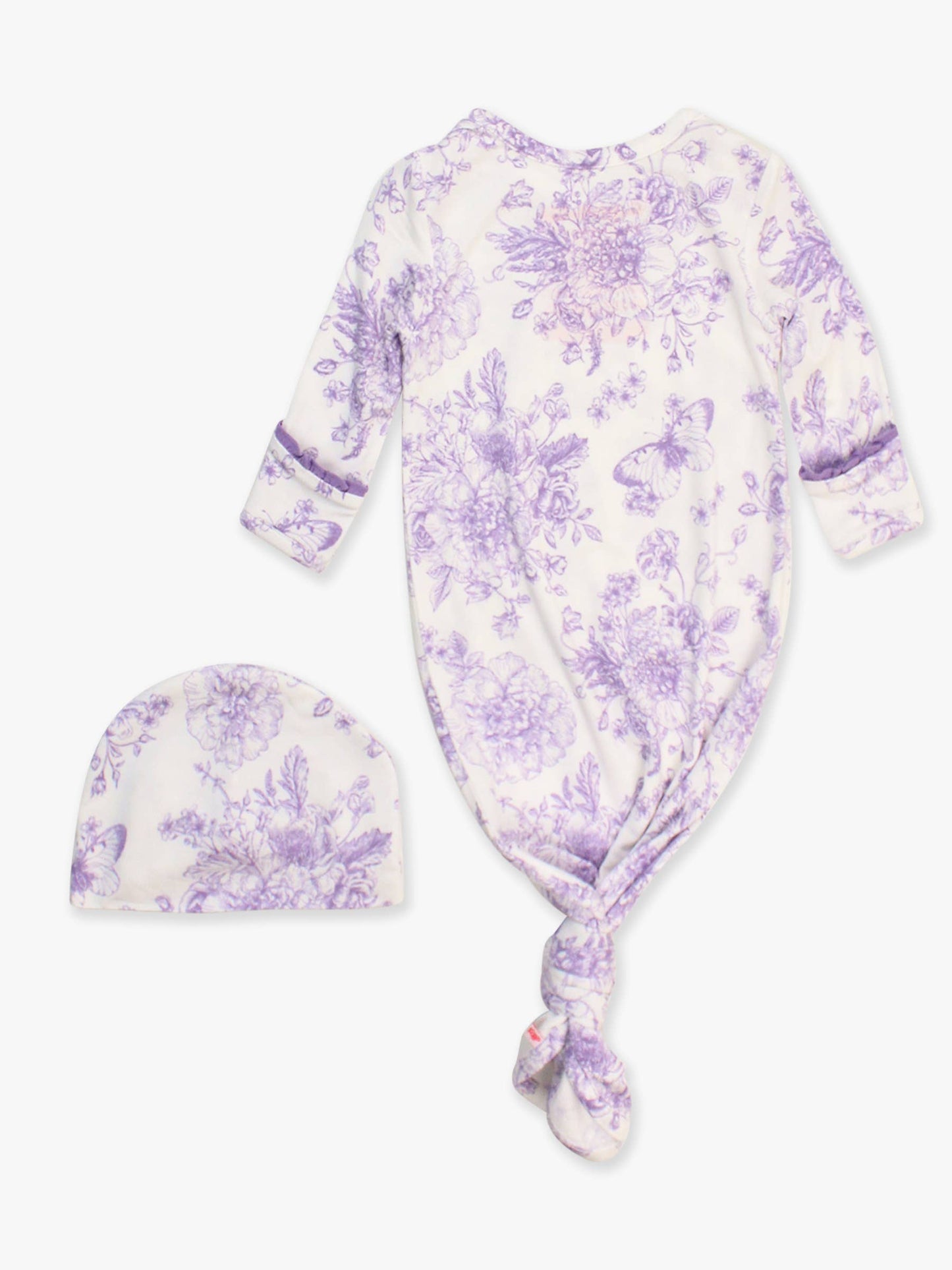 RuffleButts + RuggedButts - SoftSnooze™ Baby Girls Bamboo Viscose Wisteria Purple Butterfly Garden Toile Ruffle Knotted Sleep Gown & Bow Hat Set