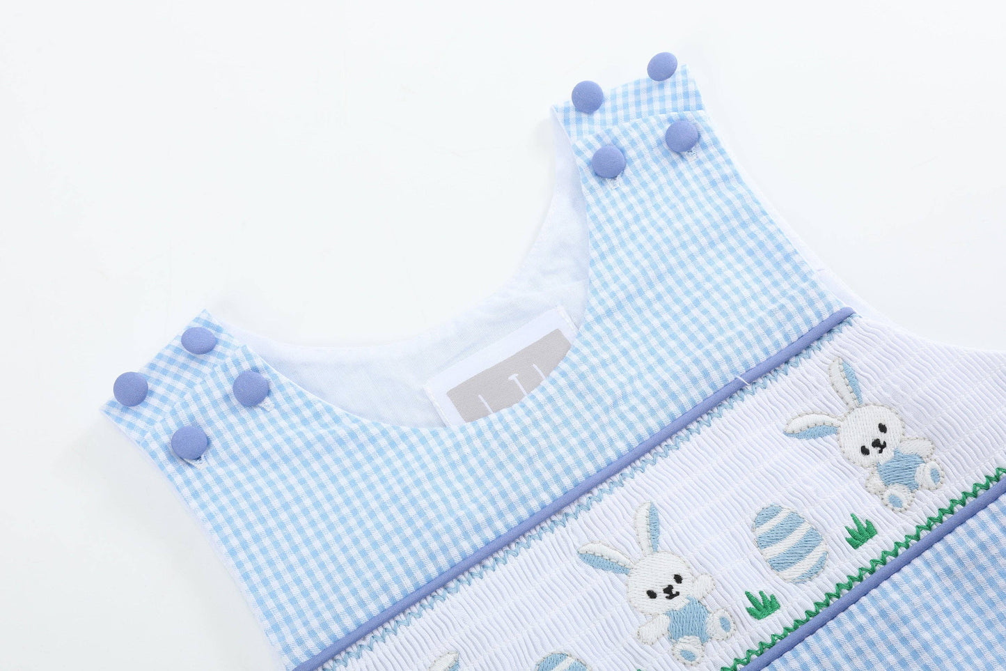 Lil Cactus - Light Blue Gingham Easter Egg and Bunnies Smocked Shortall