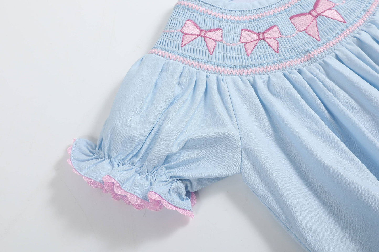 Blue and Pink Bow Smocked Romper: 6-12M