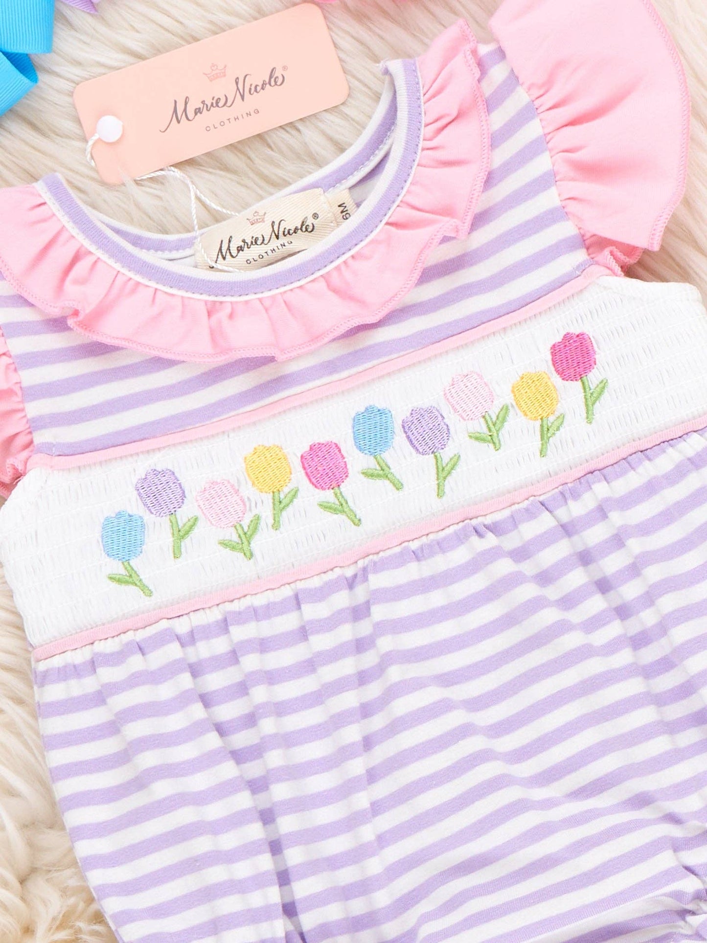 Marie Nicole Clothing - Tiny Spring Blossoms Smocked Ruffle Bubble Romper