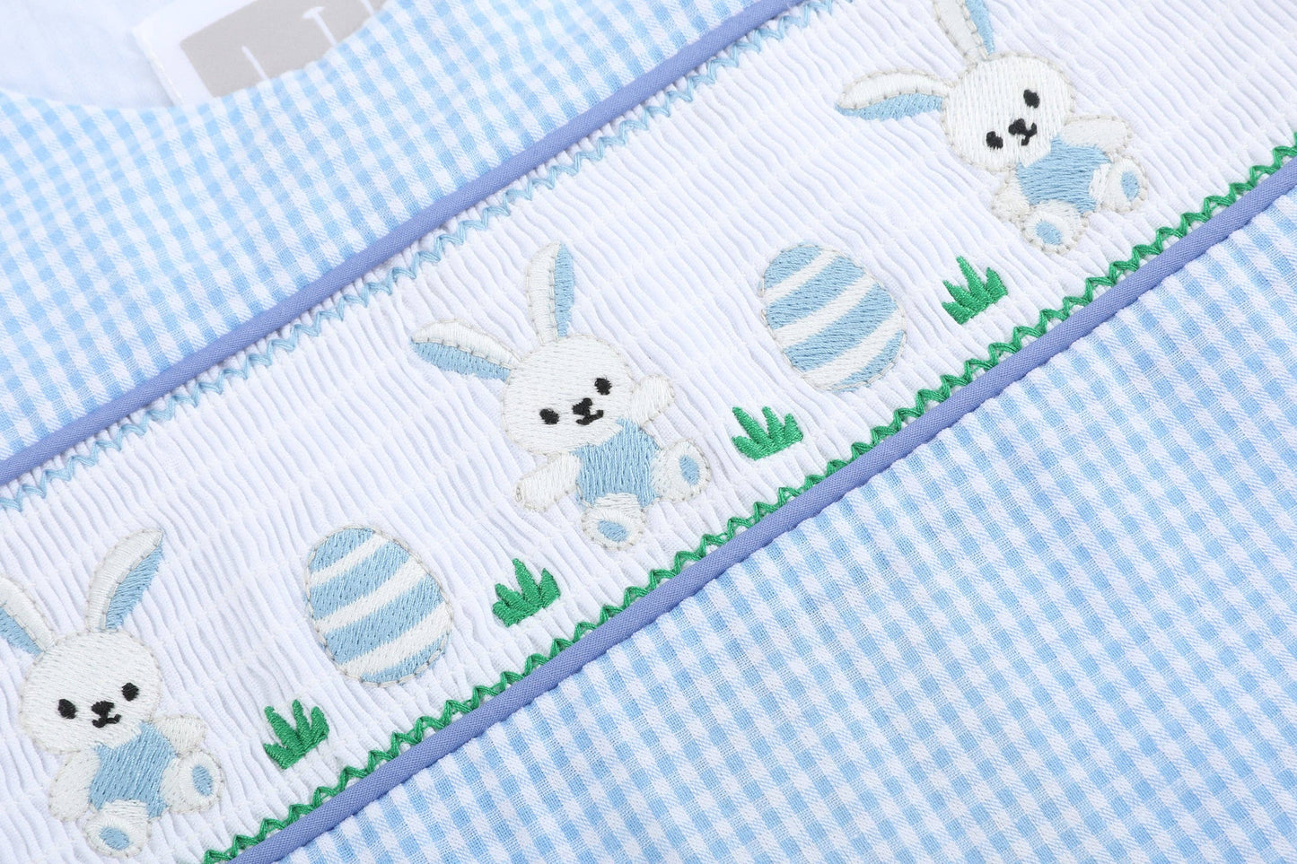 Lil Cactus - Light Blue Gingham Easter Egg and Bunnies Smocked Shortall