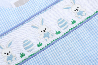 Lil Cactus - Light Blue Gingham Easter Egg and Bunnies Smocked Shortall