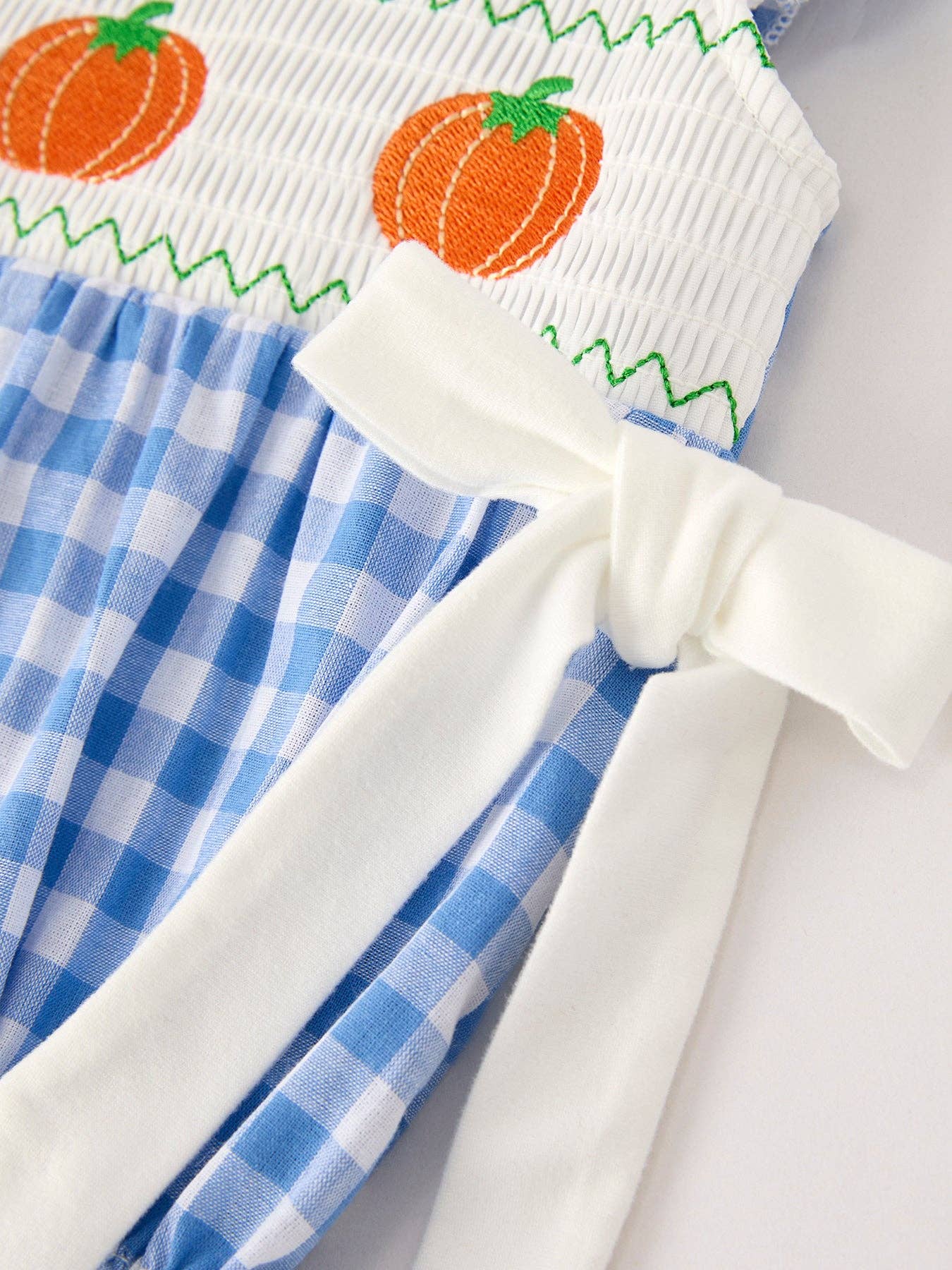 Rylee Faith Designs - Fall Thanksgiving& Halloween Blue Pumpkin Smock Embroidery Baby Girl Romper