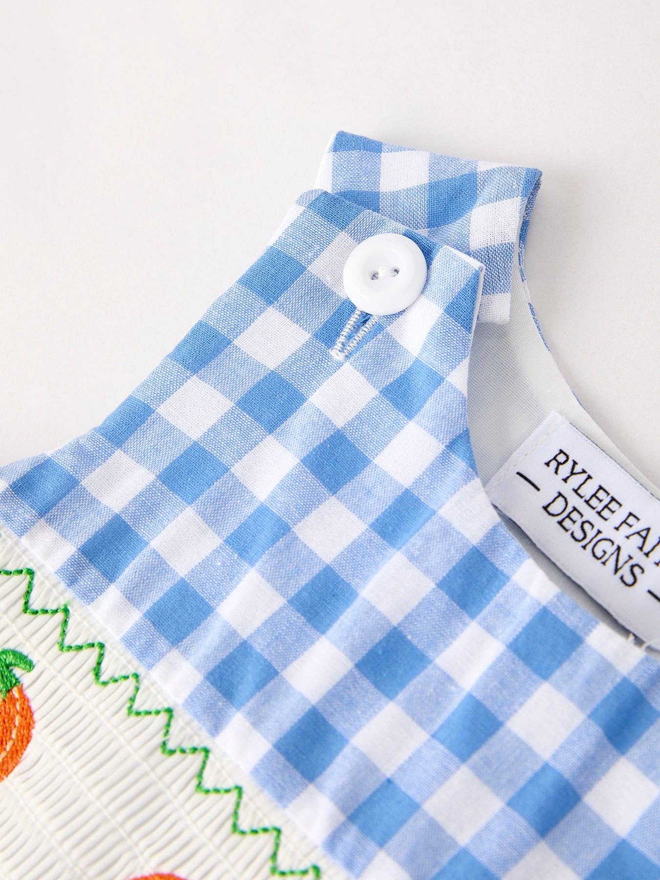 Rylee Faith Designs - Fall Thanksgiving& Halloween Blue Pumpkin Smock Embroidery Baby Boy Romper