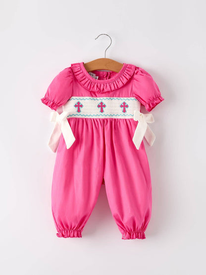 Rylee Faith Designs Pink Smocked Church Christ Bishop Christening Bow Baby Girl Romper: 12M
