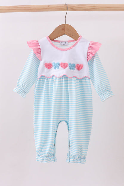 Blue Heart embroidery ruffle romper
