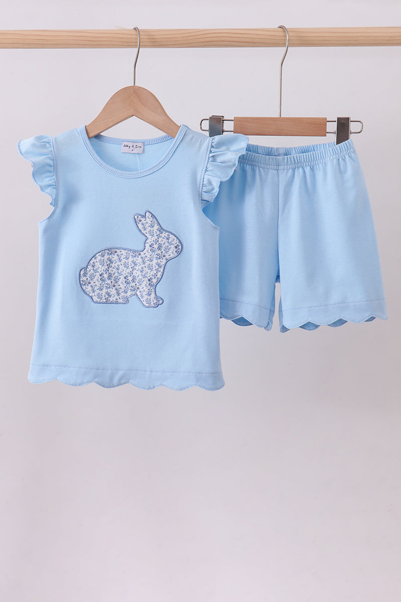 Abby & Evie Blue Bunny Applique Ruffle Shorts Set