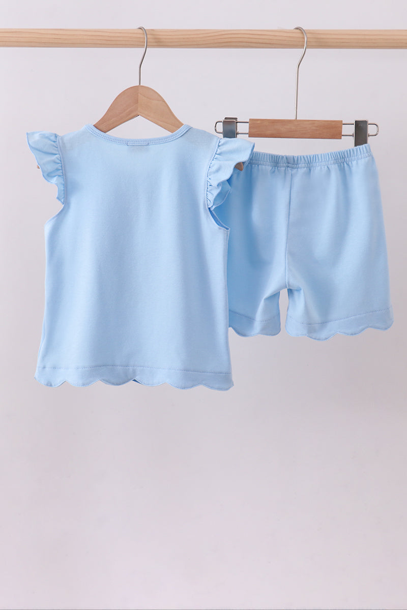 Abby & Evie Blue Bunny Applique Ruffle Shorts Set