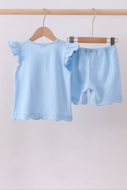 Abby & Evie Blue Bunny Applique Ruffle Shorts Set