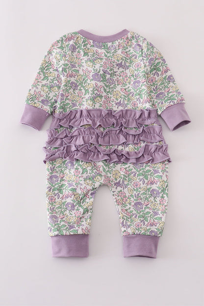 Purple floral print ruffle romper