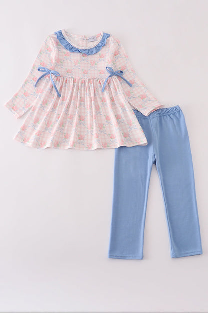 Abby & Evie Pink floral print ruffle bow pants set