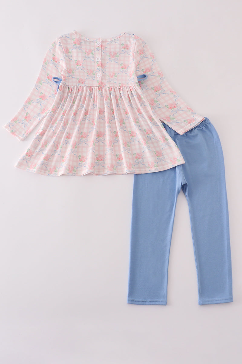 Abby & Evie Pink floral print ruffle bow pants set