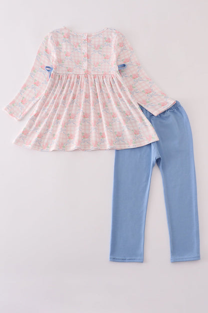 Abby & Evie Pink floral print ruffle bow pants set