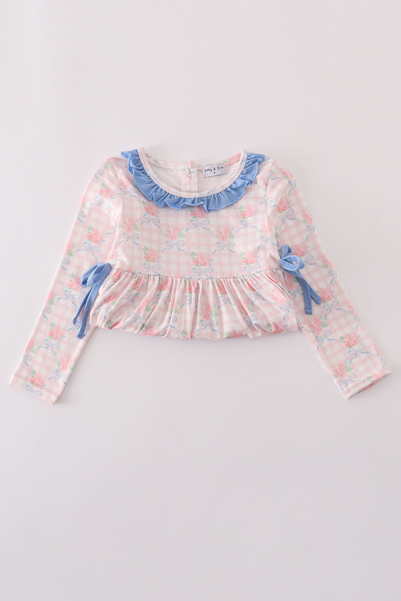 Abby & Evie Pink floral print ruffle bow pants set