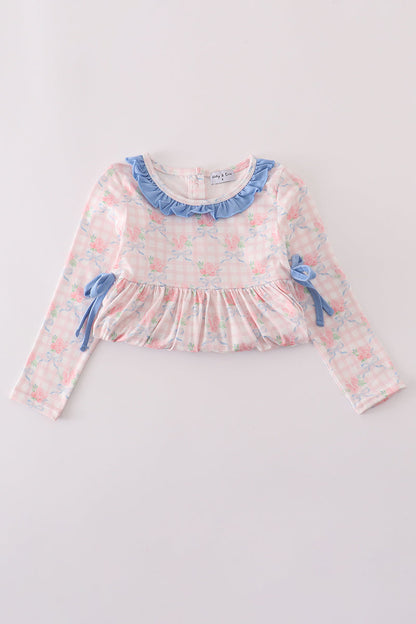 Abby & Evie Pink floral print ruffle bow pants set