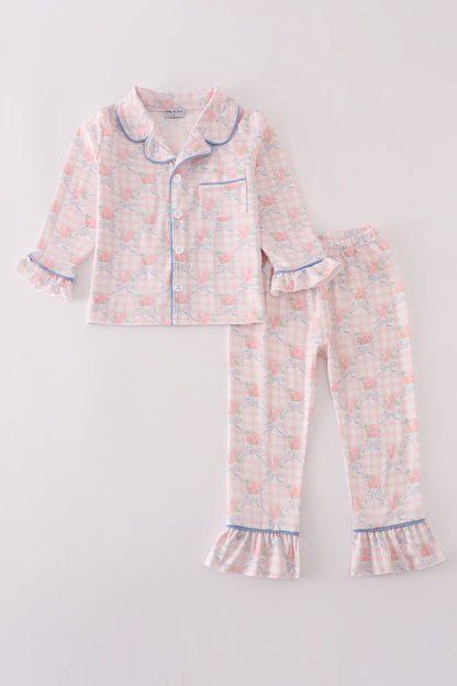 Pink floral print ruffle pajamas set