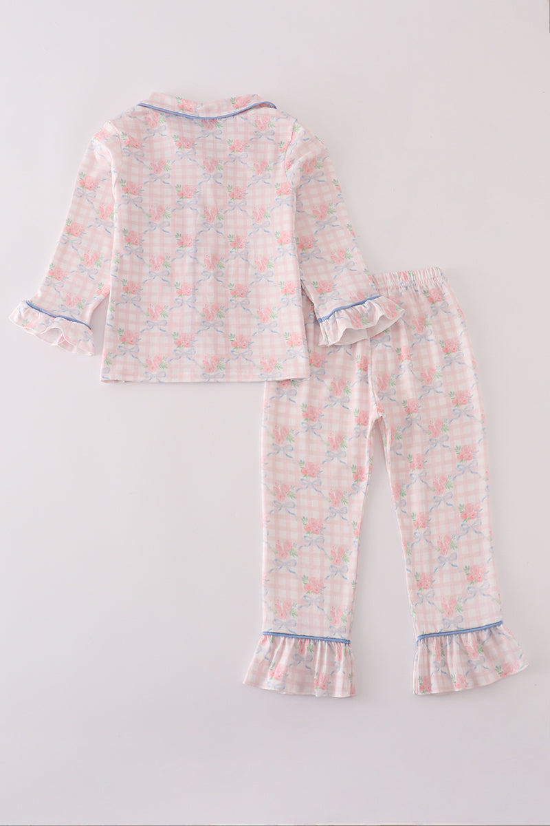 Pink floral print ruffle pajamas set