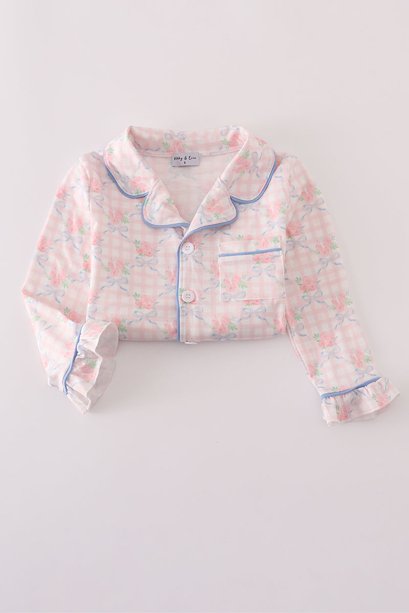 Pink floral print ruffle pajamas set