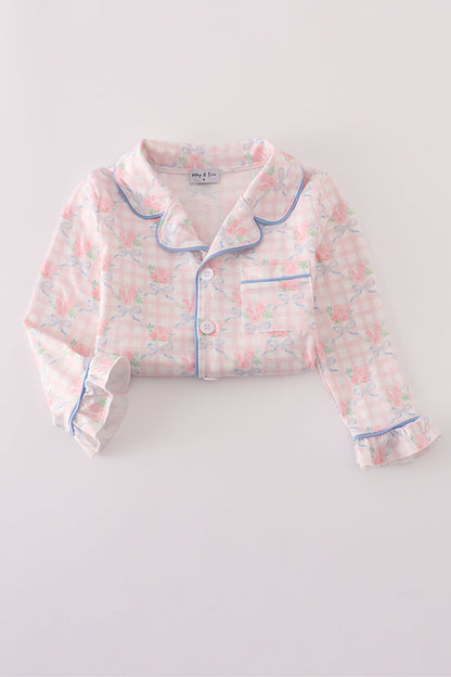 Pink floral print ruffle pajamas set