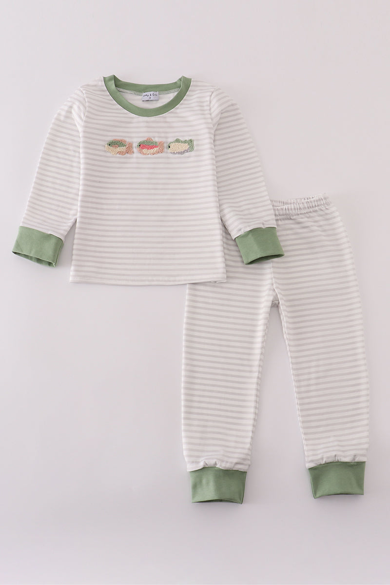Sage fish French Knot Stripe Pajama Set