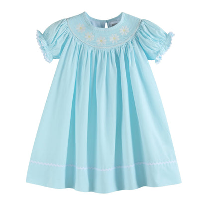 Lil Cactus - Light Blue Daisy Smocked Bishop Dress