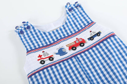 Dark Blue Gingham Emergency Vehicle Smocked Overalls: 12-18M