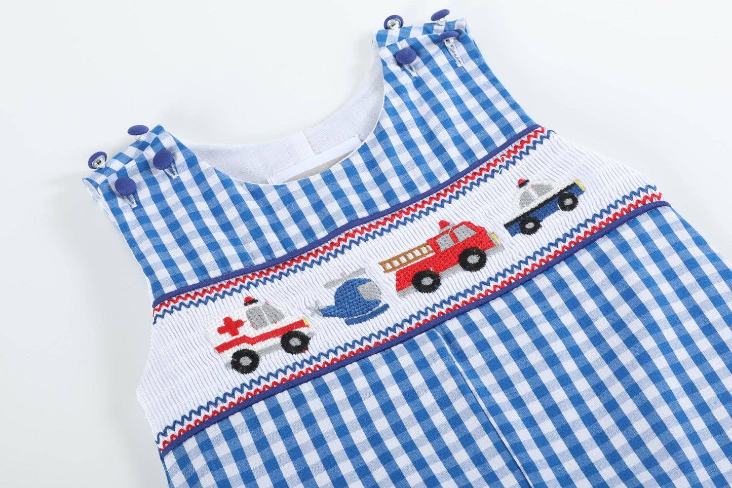 Dark Blue Gingham Emergency Vehicle Smocked Overalls: 18-24M