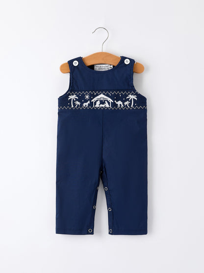 Christmas Navy Blue Nativity Smocking Embroidered Baby Boy Romper