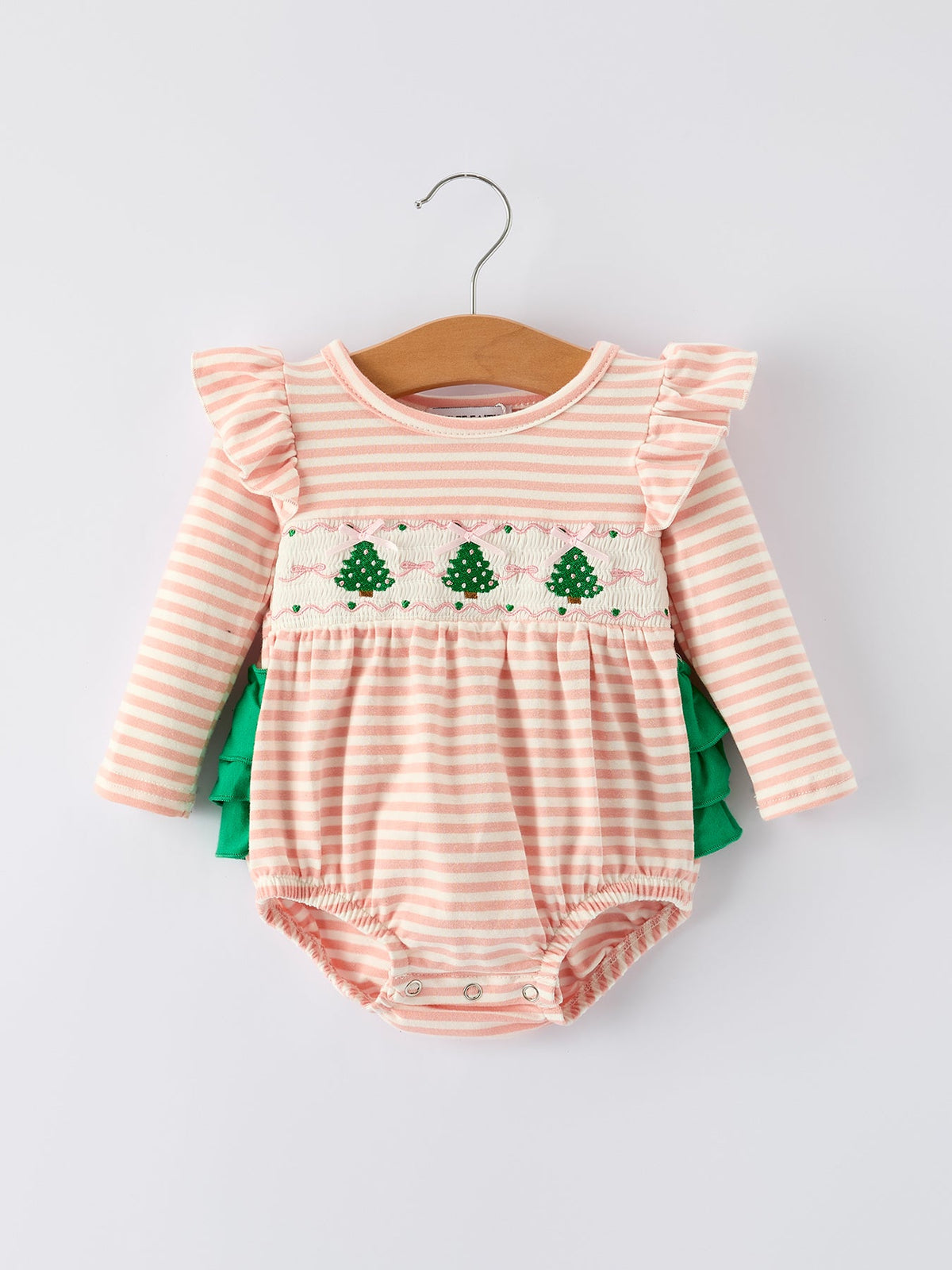 Christmas Tree Smocked Embroidery Stripe Baby Girls Romper