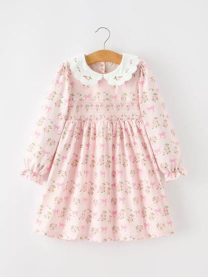 FALL Girls Pink Floral Embroidered Collar Smocked Dress