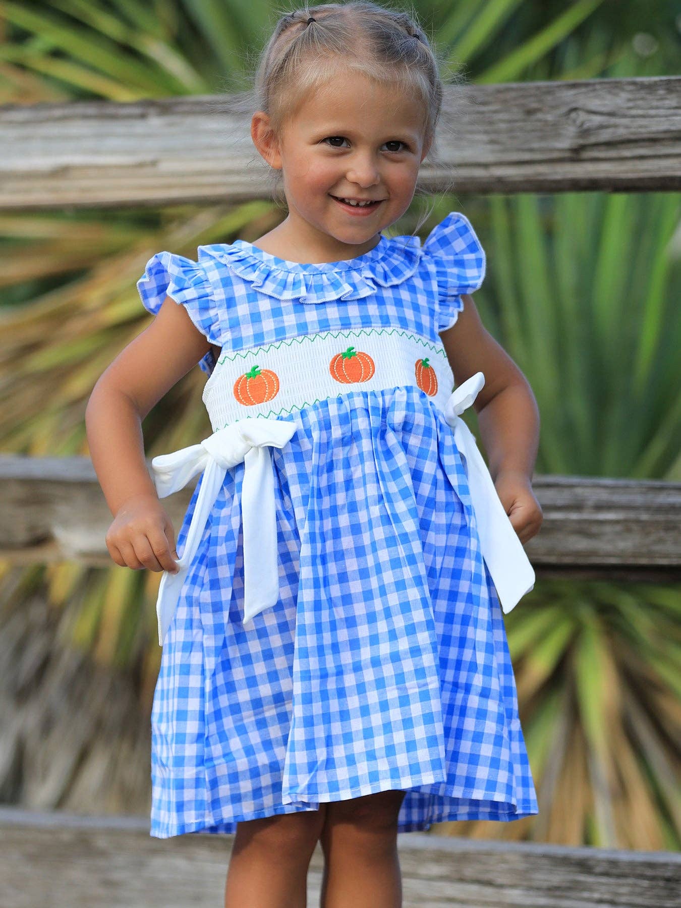 Rylee Faith Designs - Fall Thanksgiving& Halloween Blue Pumpkin Smock Embroidery Baby Girl Dress
