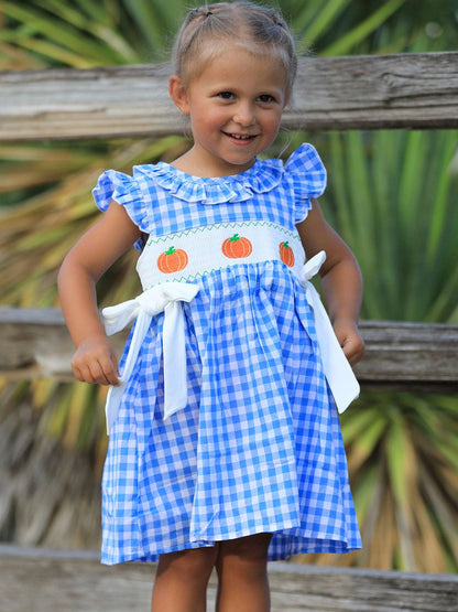 Rylee Faith Designs - Fall Thanksgiving& Halloween Blue Pumpkin Smock Embroidery Baby Girl Dress