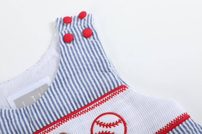 Lil Cactus - Blue Seersucker Baseball Smocked Shortalls
