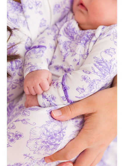 RuffleButts + RuggedButts - SoftSnooze™ Baby Girls Bamboo Viscose Wisteria Purple Butterfly Garden Toile Ruffle Knotted Sleep Gown & Bow Hat Set