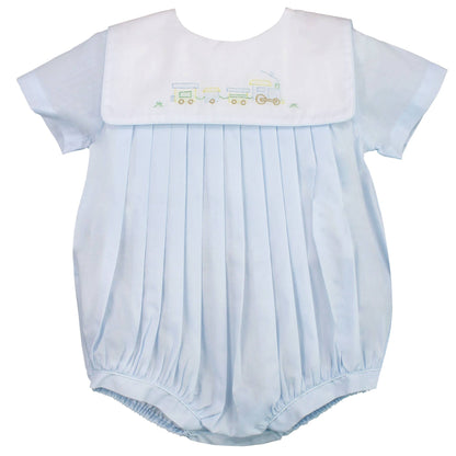 Romper with Train Embroidery in Blue: 6 Month