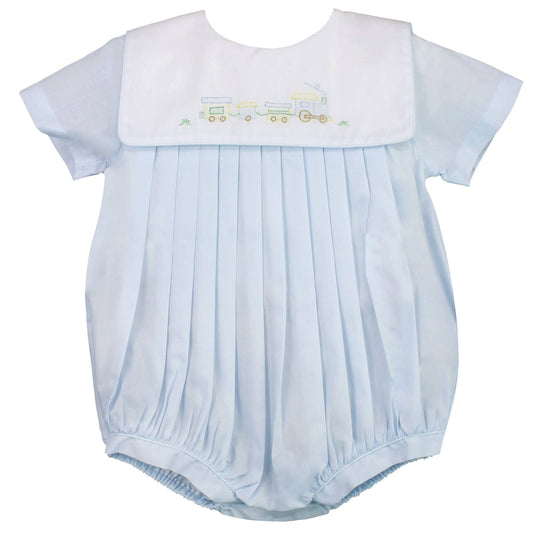 Petit Ami Romper with Train Embroidery in Blue: 6 Month