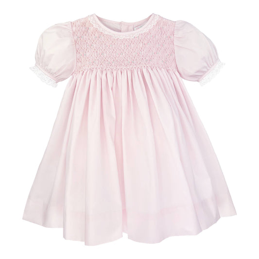 Fully Smocked Dress with French Lace: Pink / 3 Month