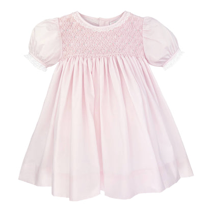 Petit Ami Fully Smocked Dress with French Lace: Pink / 6 Month