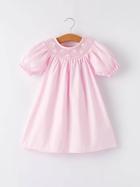 White Bow Smock Embroidered Pink Dress: 4