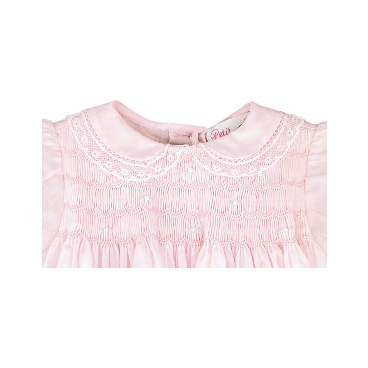 Petit Ami Fully Smocked Dress with Lace: Pink / 9 Month