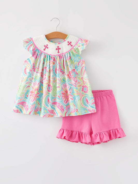 Easter Cross Smocking Embroidery Baby Girl Set: 2