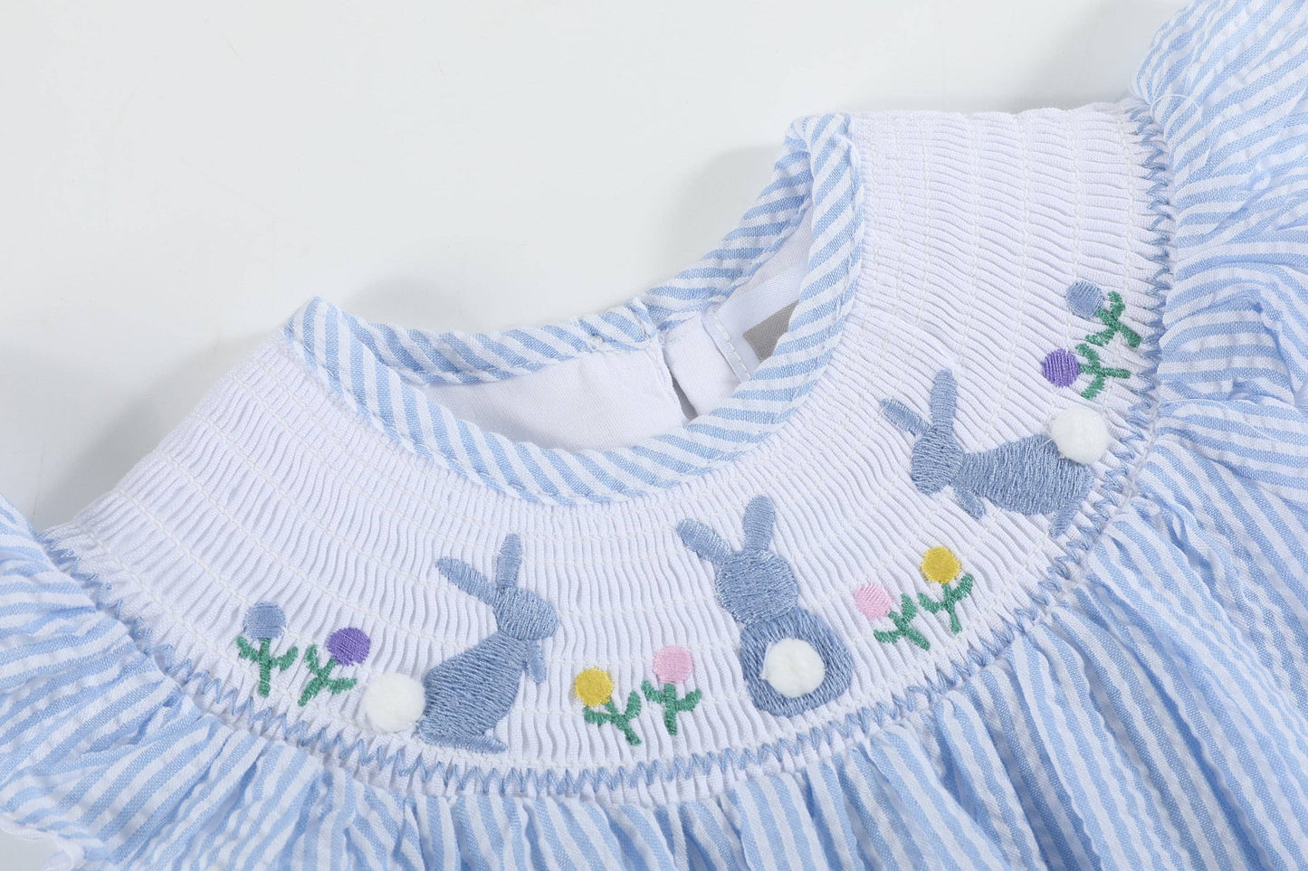 Lil Cactus - Light Blue Seersucker Easter Bunny Smocked Flutter Romper