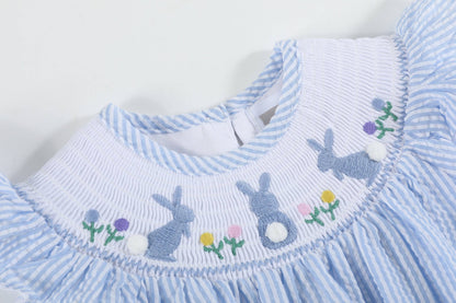 Lil Cactus - Light Blue Seersucker Easter Bunny Smocked Flutter Romper
