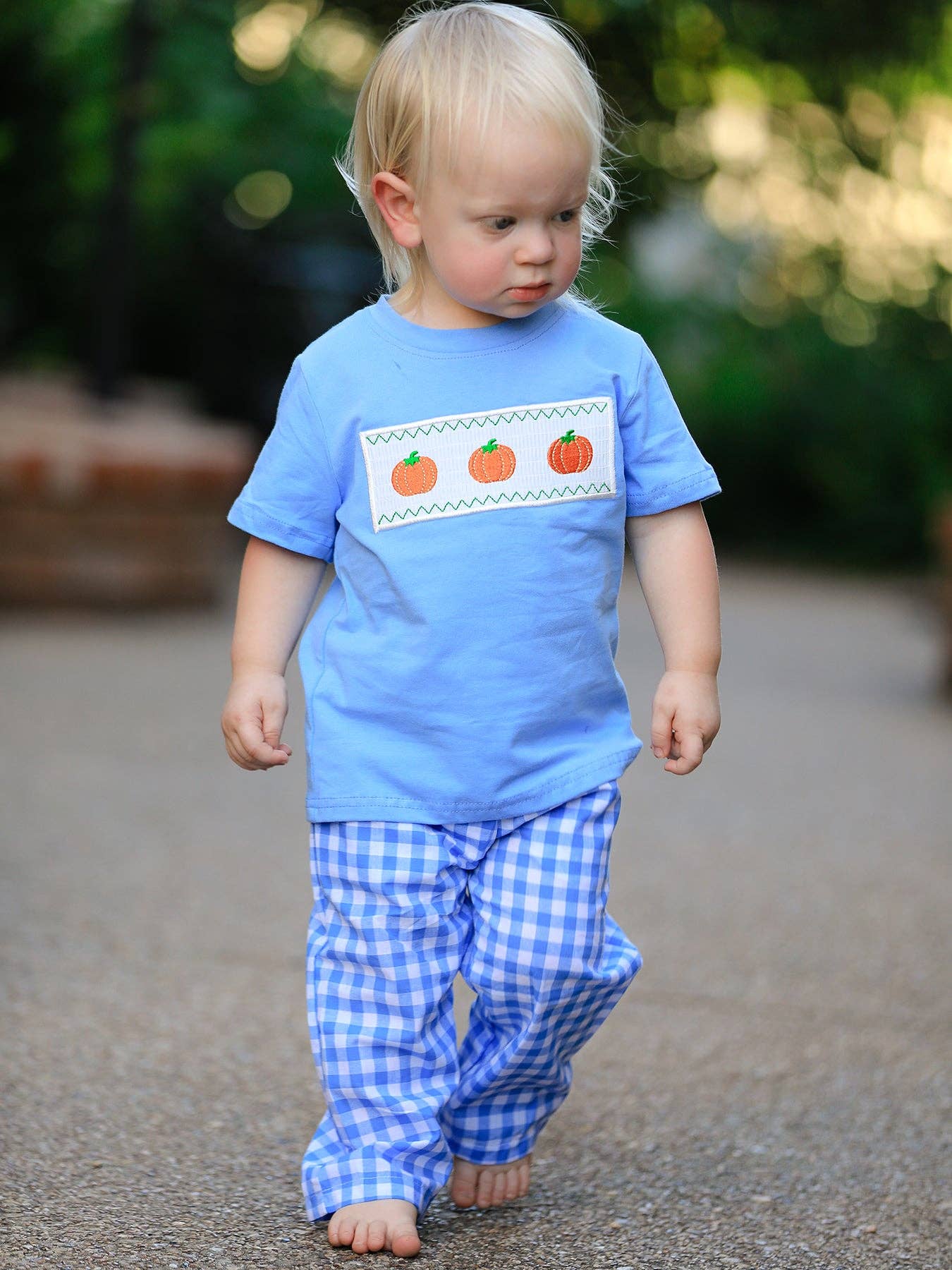 Rylee Faith Designs - Fall Thanksgiving& Halloween Blue Pumpkin Smock Embroidery Baby Boy Set